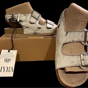 Myra Cowhide Sandaled White and Brown Mules with Adjustable Straps- New